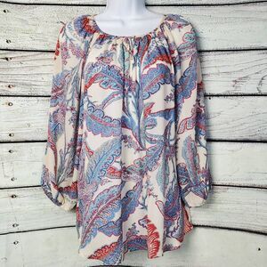 CHAPS Women’s M Boho Peasant Top Long Sleeve Paisley Blouse Red Blue Ivory